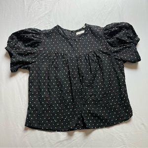 DOEN black semi sheer floral embroidery short puff sleeve button up back blouse
